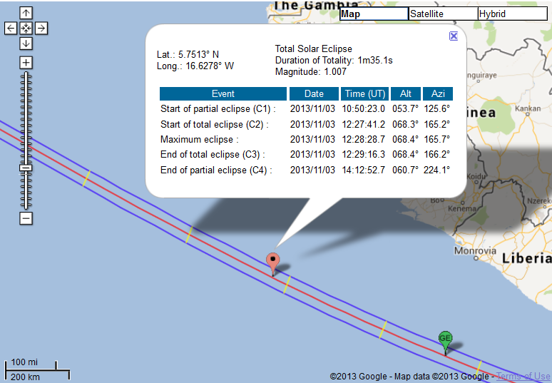 Approx location of Corinthian during 2013 Solar Eclipse